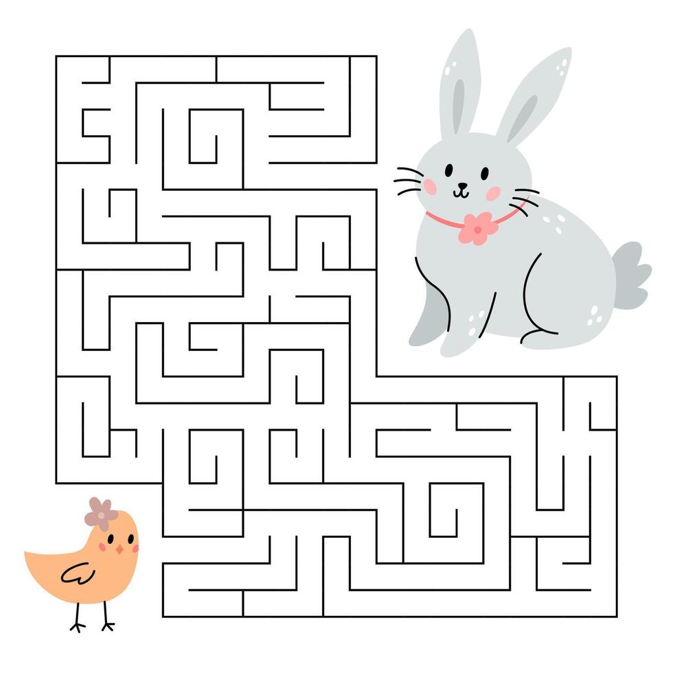 Spring maze game for kids. Cute bunny looking for a way to the chick. Happy Easter. Printable worksheet. Vector cartoon illustration for Orthodox easter.