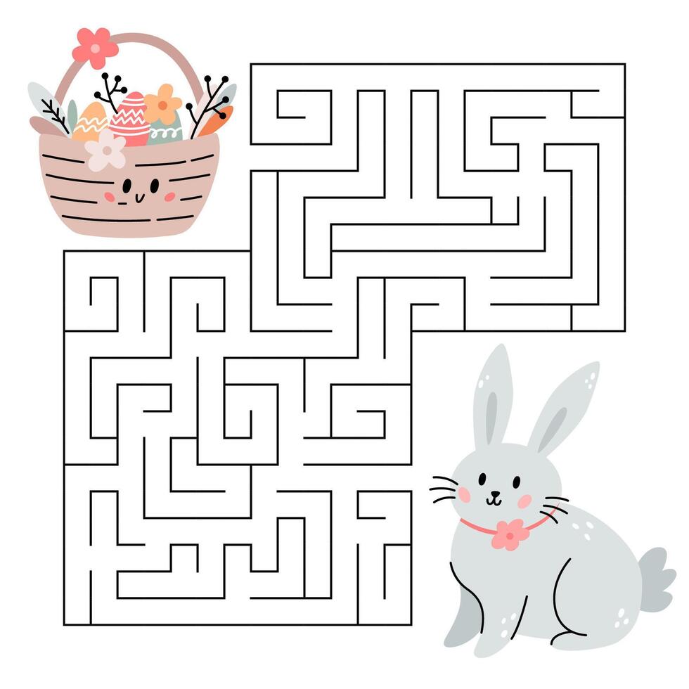 Spring maze game for kids. Cute bunny looking for a way to the easter egg basket. Happy easter. Printable worksheet. Vector cartoon illustration for Orthodox easter.