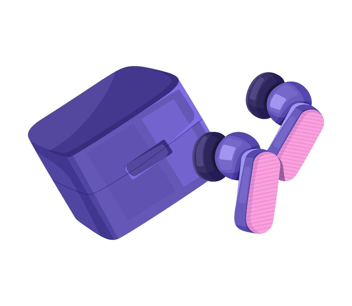 Wireless Earbuds in pink and blue with Charging Case. Vector illustration of isolated modern headphones. Close-up, bright colors.