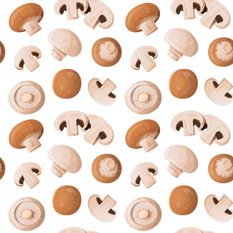 Seamless pattern with edible mushrooms on white background. Vector illustration with cartoon champignon whole and sliced.