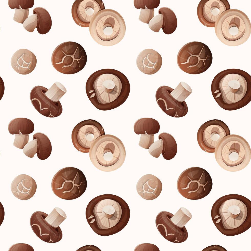 Seamless pattern of shiitake mushrooms. Organic Asian fungus on a white background. Vector background. Ideal for culinary design.