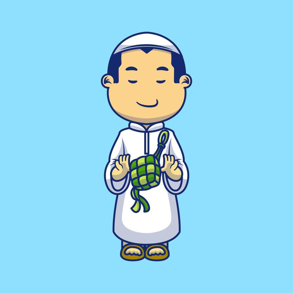 Cute Moslem Boy Holding Ketupat Ramadan Food Cartoon Vector Icons Illustration. Flat Cartoon Concept. Suitable for any creative project.