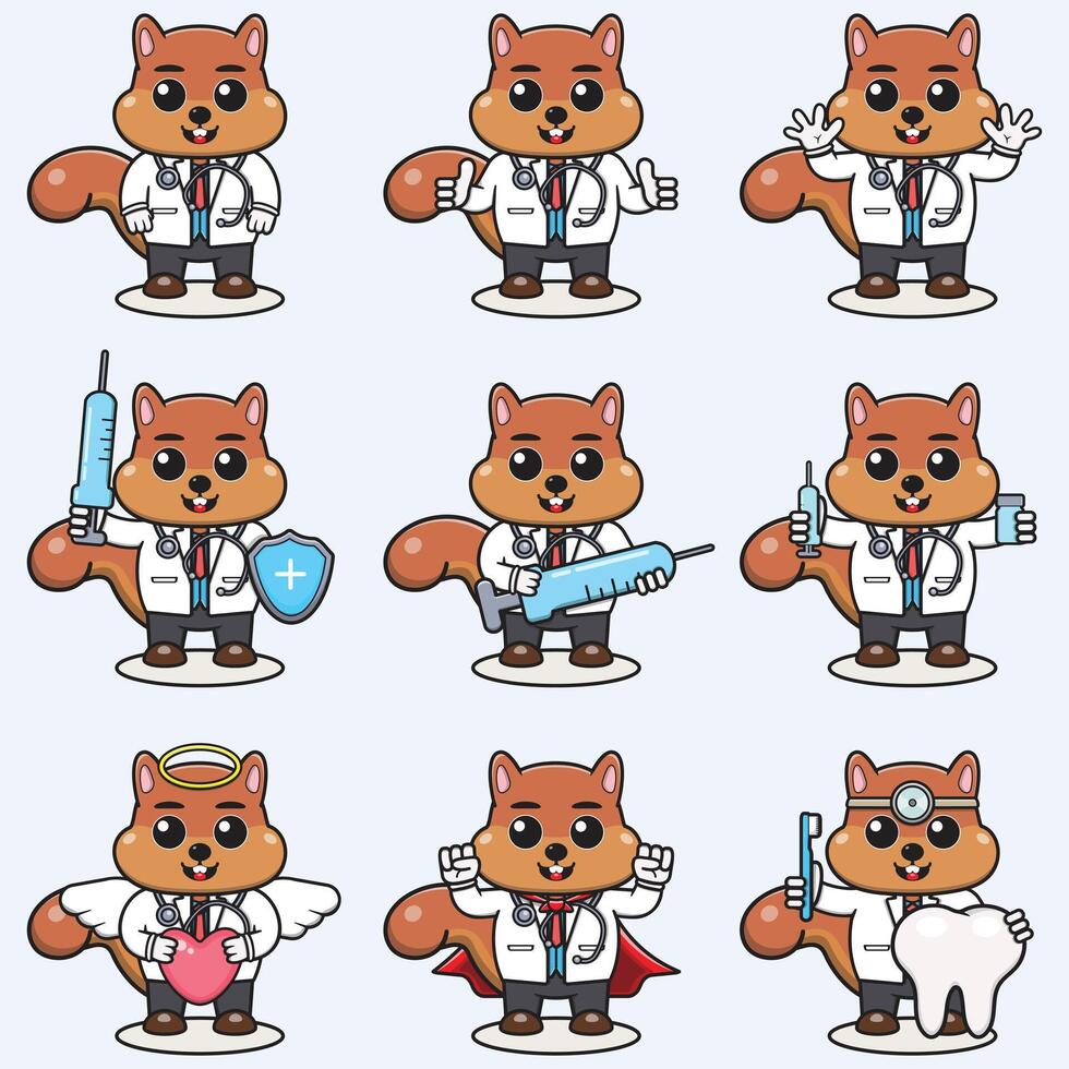 Vector Illustration of Cute Squirrel cartoon with Doctor costume. Set of cute Squirrel characters. Collection of funny little Squirrel .
