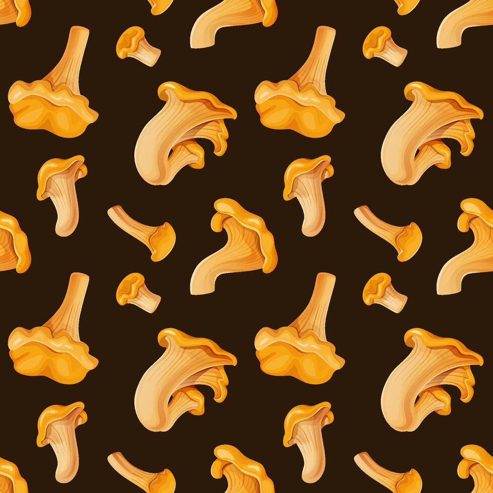 Seamless Pattern with chanterelle mushrooms on a dark background. Vector background with cartoon forest fungi.