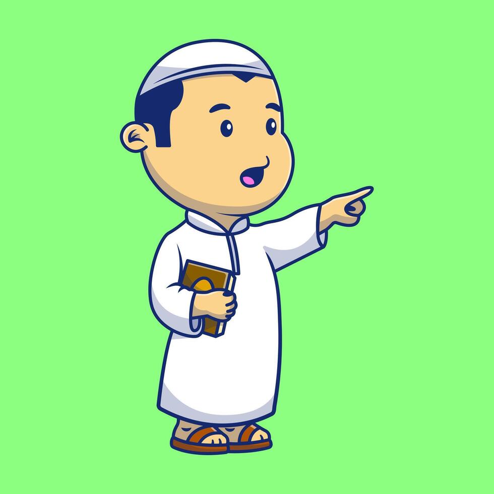 Cute Moslem Boy Holding Holy Quran Cartoon Vector Icons Illustration. Flat Cartoon Concept. Suitable for any creative project.