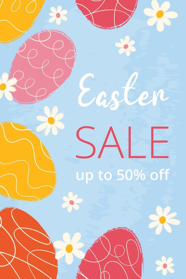 Vertical poster with grunge textured eggs, hand drawn white flowers, scribbles and typography for Happy Easter sale on blue background. Trendy design for card, banner, invitation, cover. vector