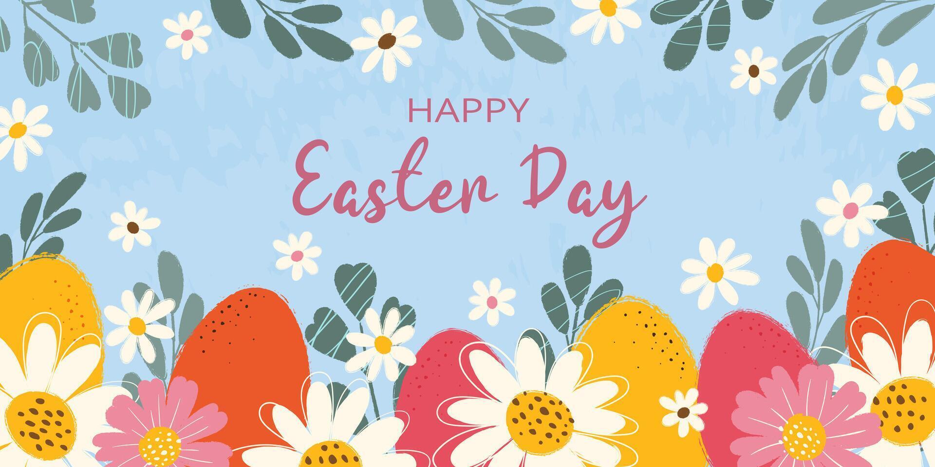 Horizontal greeting background decorated hand drawn blooming flowers, leaves, colorful eggs and typography Happy Easter Day. Flat vector grunge textured illustration on blue backdrop.
