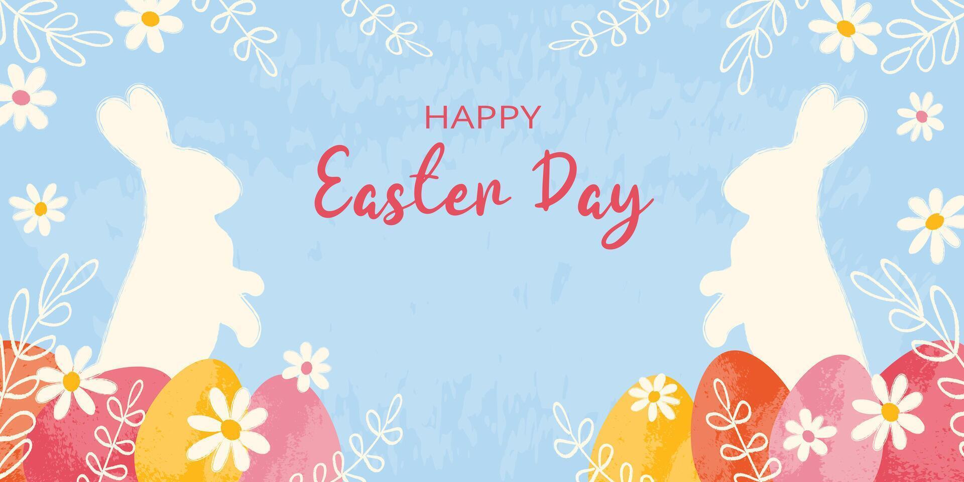 Rectangular festive background decorated hand drawn blooming flowers, two white rabbits and multicolored eggs for Happy Easter Day. Flat vector grunge textured illustration on blue backdrop