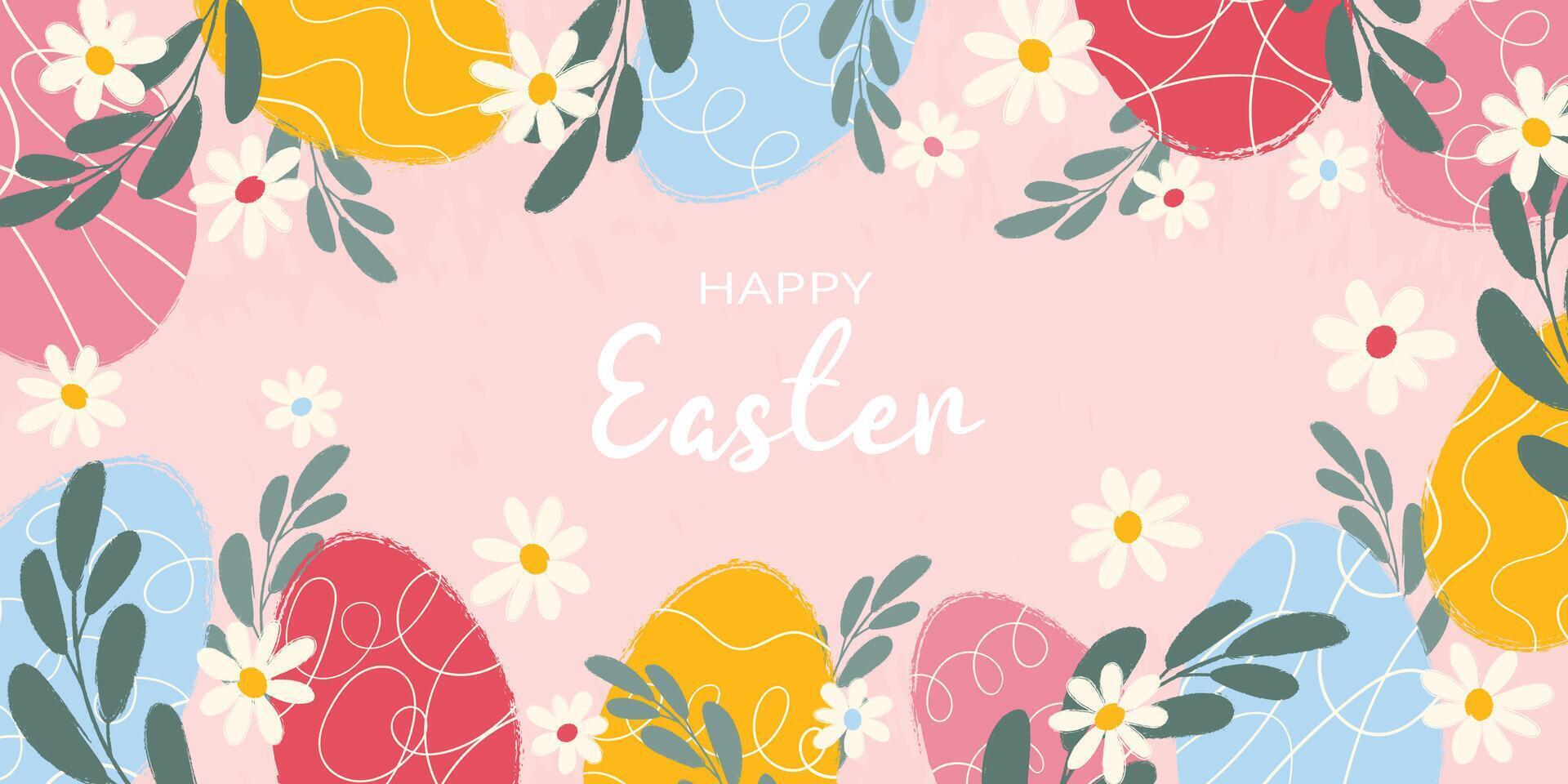 Horizontal greeting background decorated hand drawn white flowers, green branches, scribbles, colorful eggs and typography Happy Easter. Flat vector grunge textured illustration on pink backdrop.