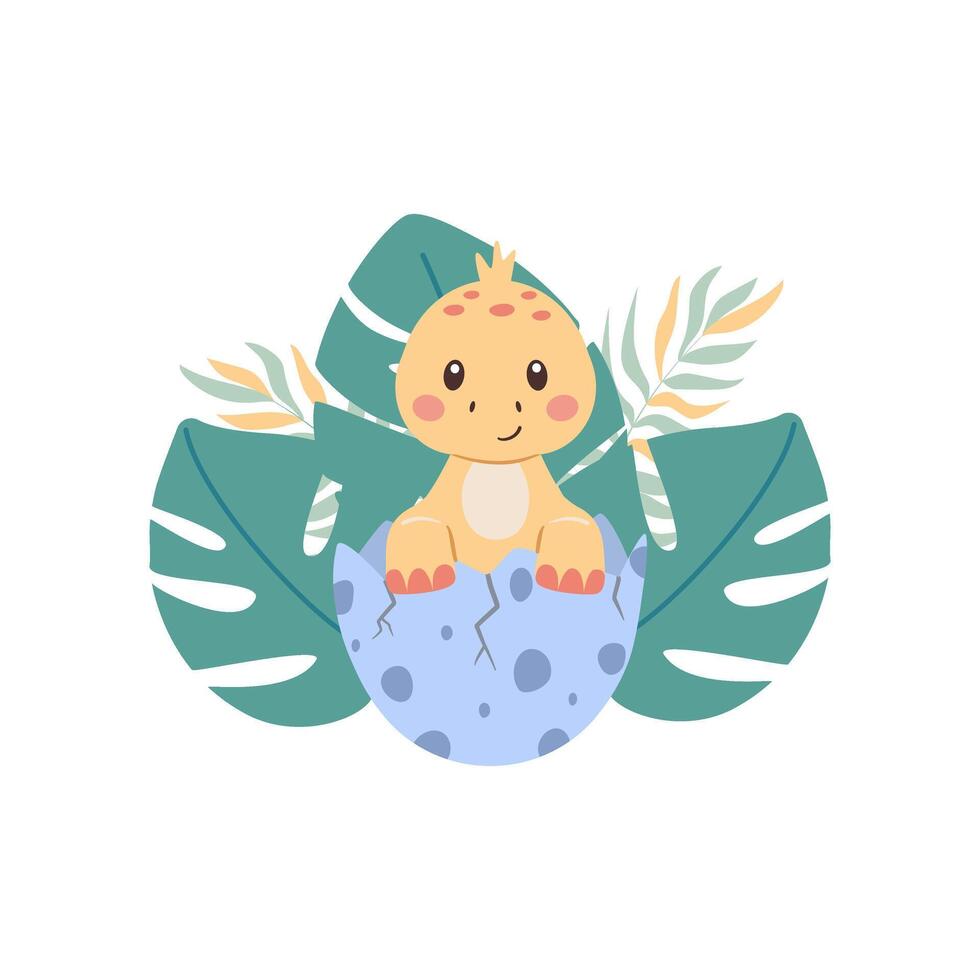 Baby dinosaur in egg with tropical leaves. Funny cute childish vector illustration for design and print.