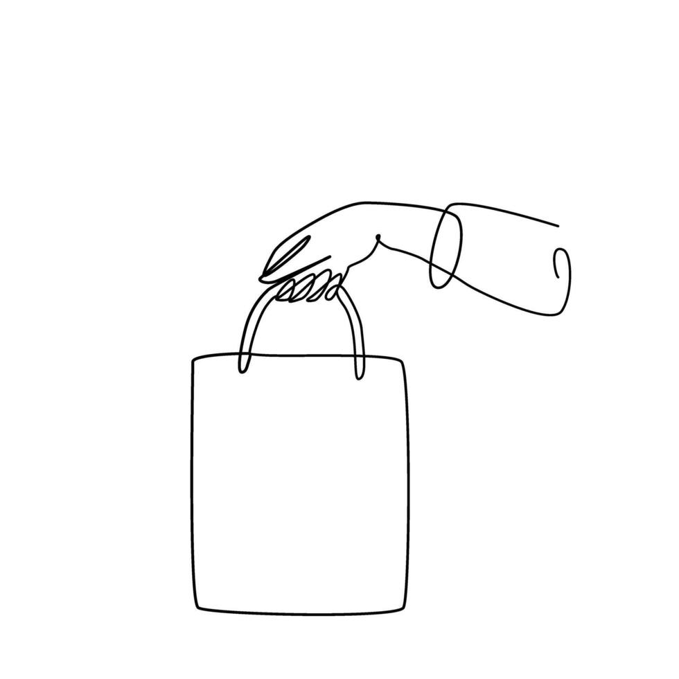 Package in hand. Simple illustration of purchases bag drawn with one line. Outline vector for design