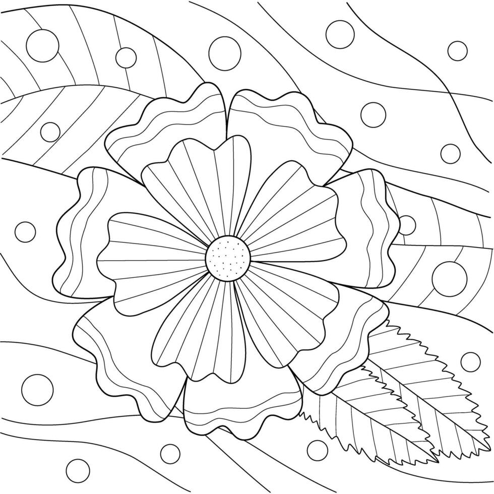 Coloring book with flower and abstract lines. Black white square vector illustration.