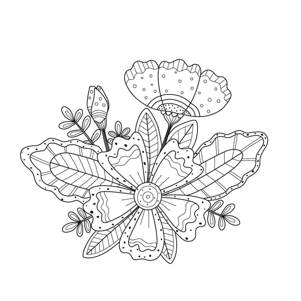 Simple kids coloring book with flowers. Bouquet with ornament. Childish vector illustration.