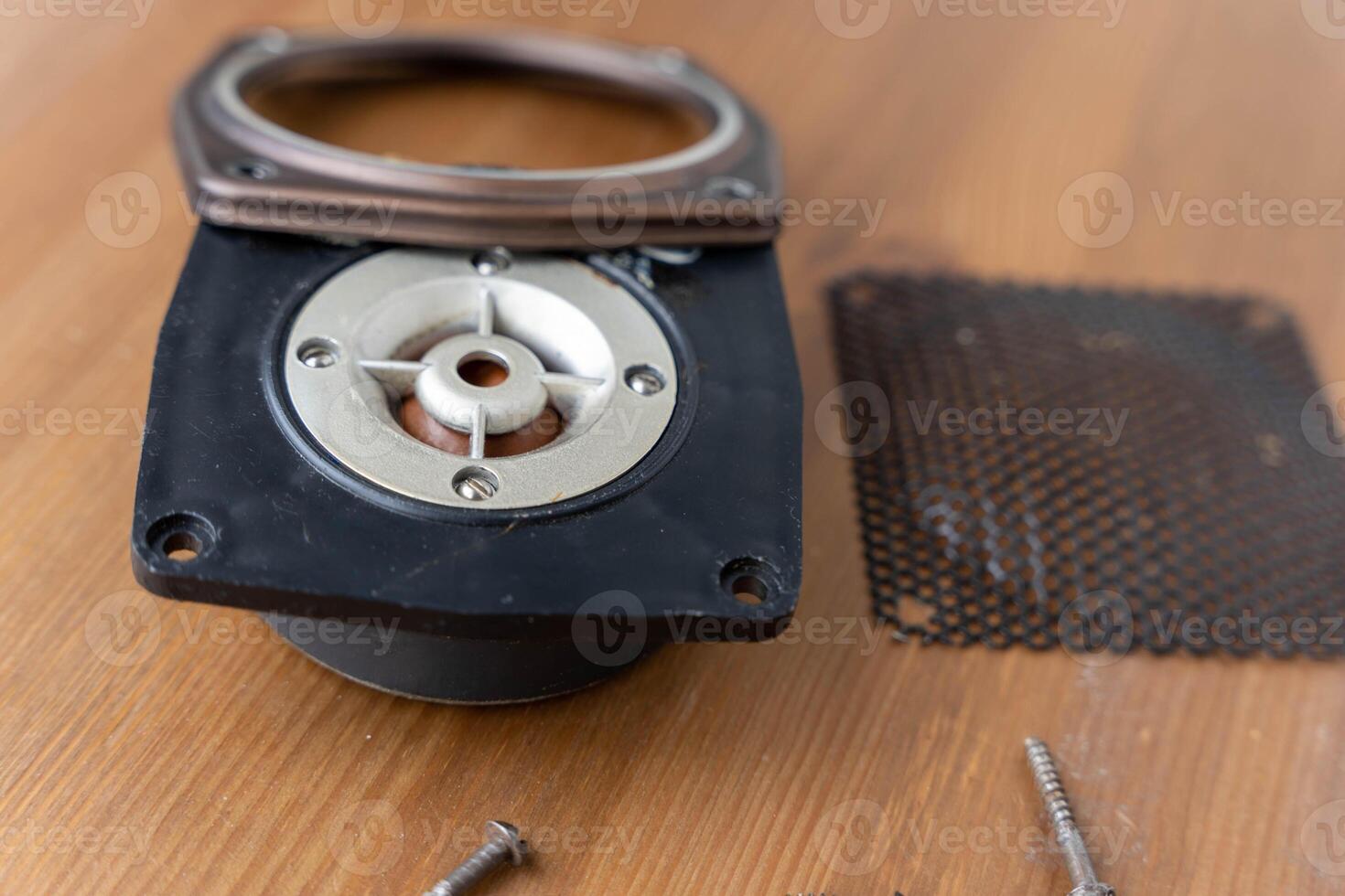 Disassembled speaker parts with circuit board and wires close-up shot photo