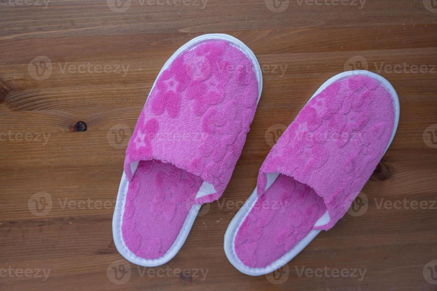 Pink Slippers Resting on Wooden Floor photo