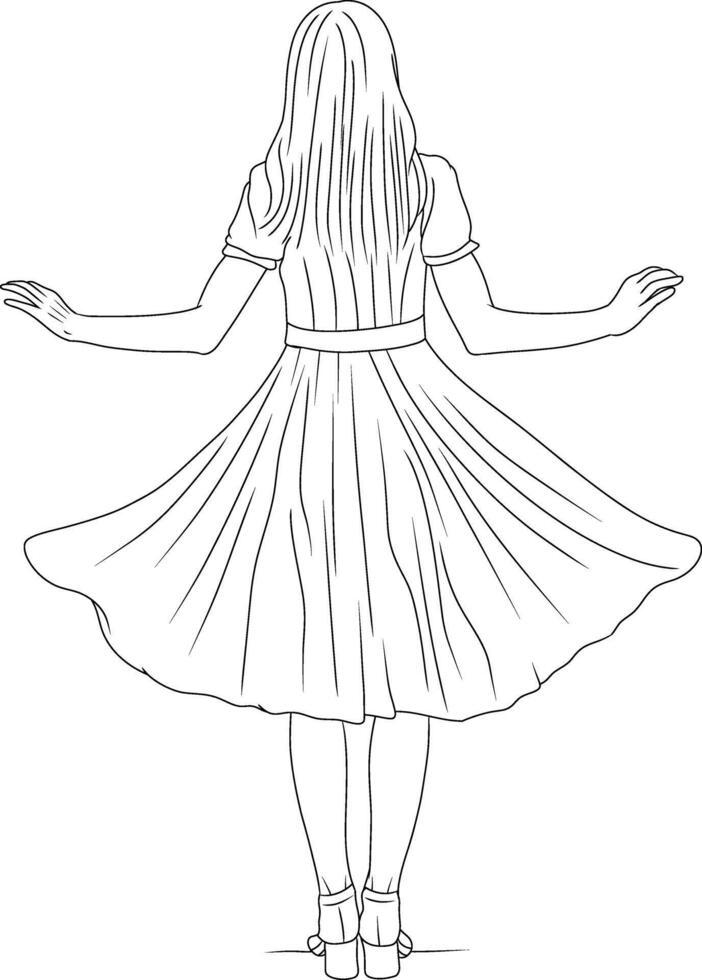 Hand Drawn Long Hair Lady Wearing Large Dress Clipart vector