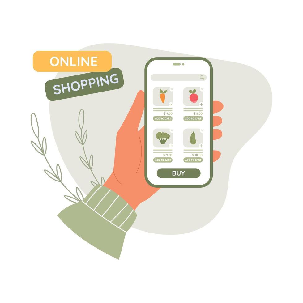 Online order concept. Female hand with online shopping application on phone screen. Character buying vegetables from online shop vector