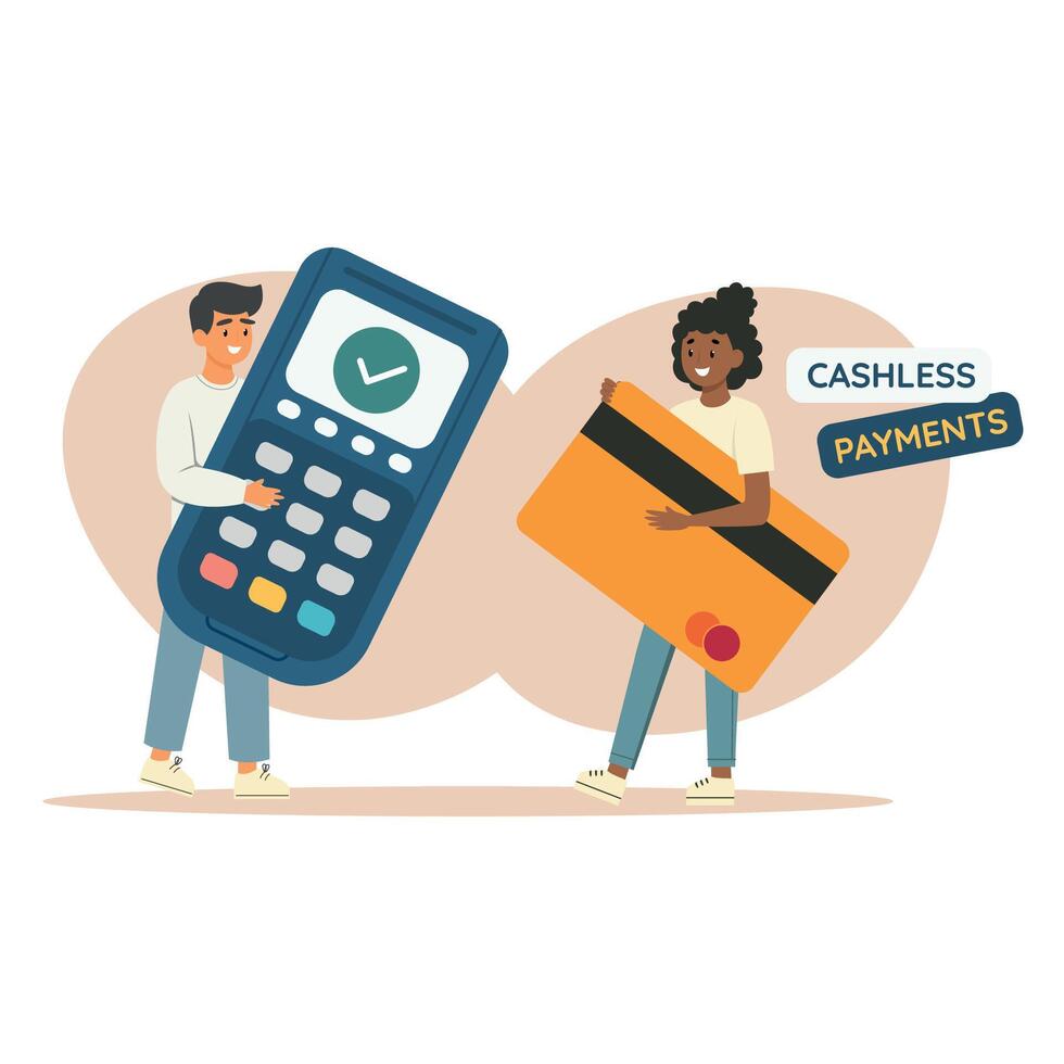 Woman carrying huge bank card and man holds big pos terminal on white background. Financial cashless payment. Flat vector illustration