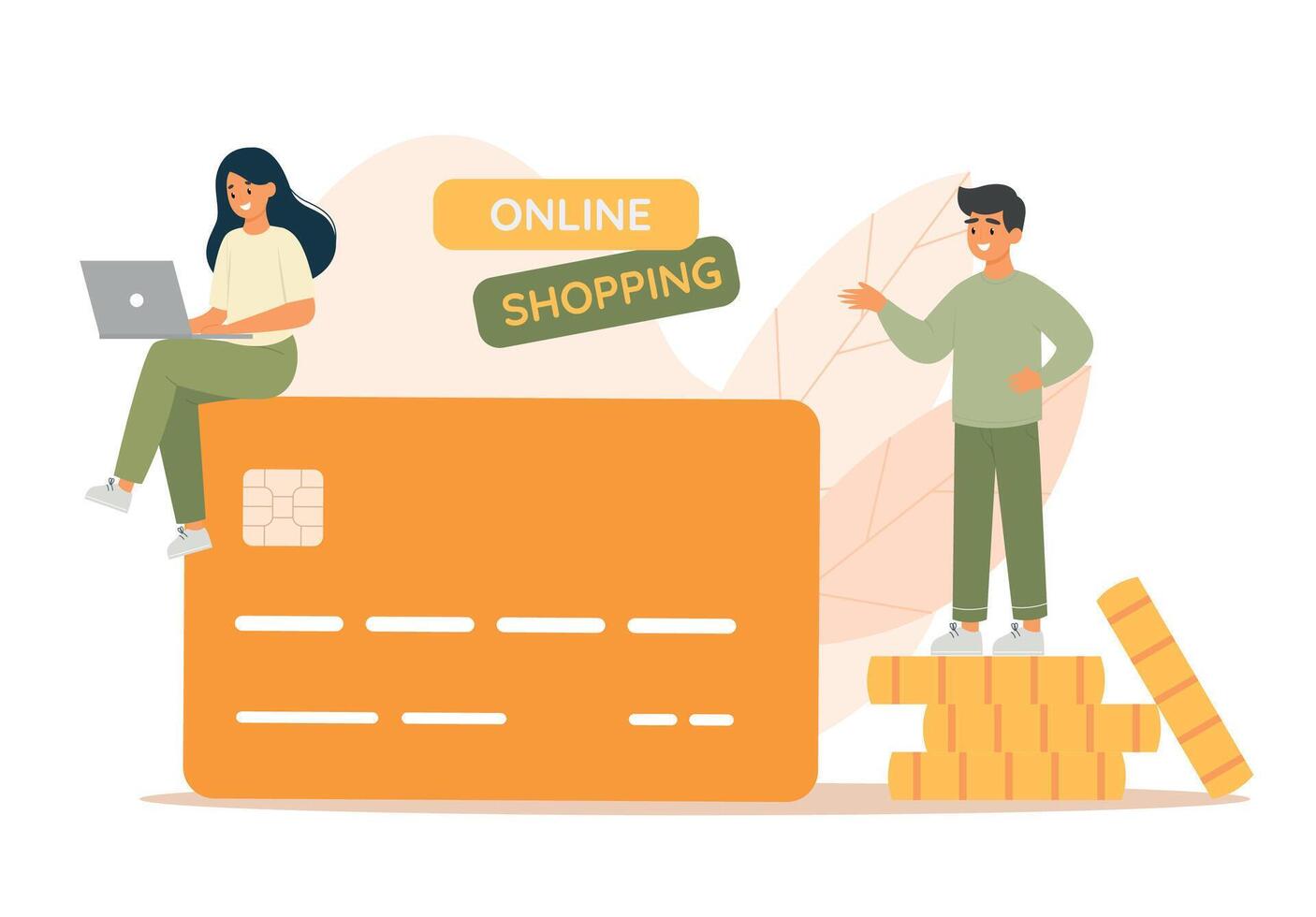 Woman with laptop on huge bank card, man on heap of coins, online shopping. Modern simple illustration. Online payment concept. Vector illustration