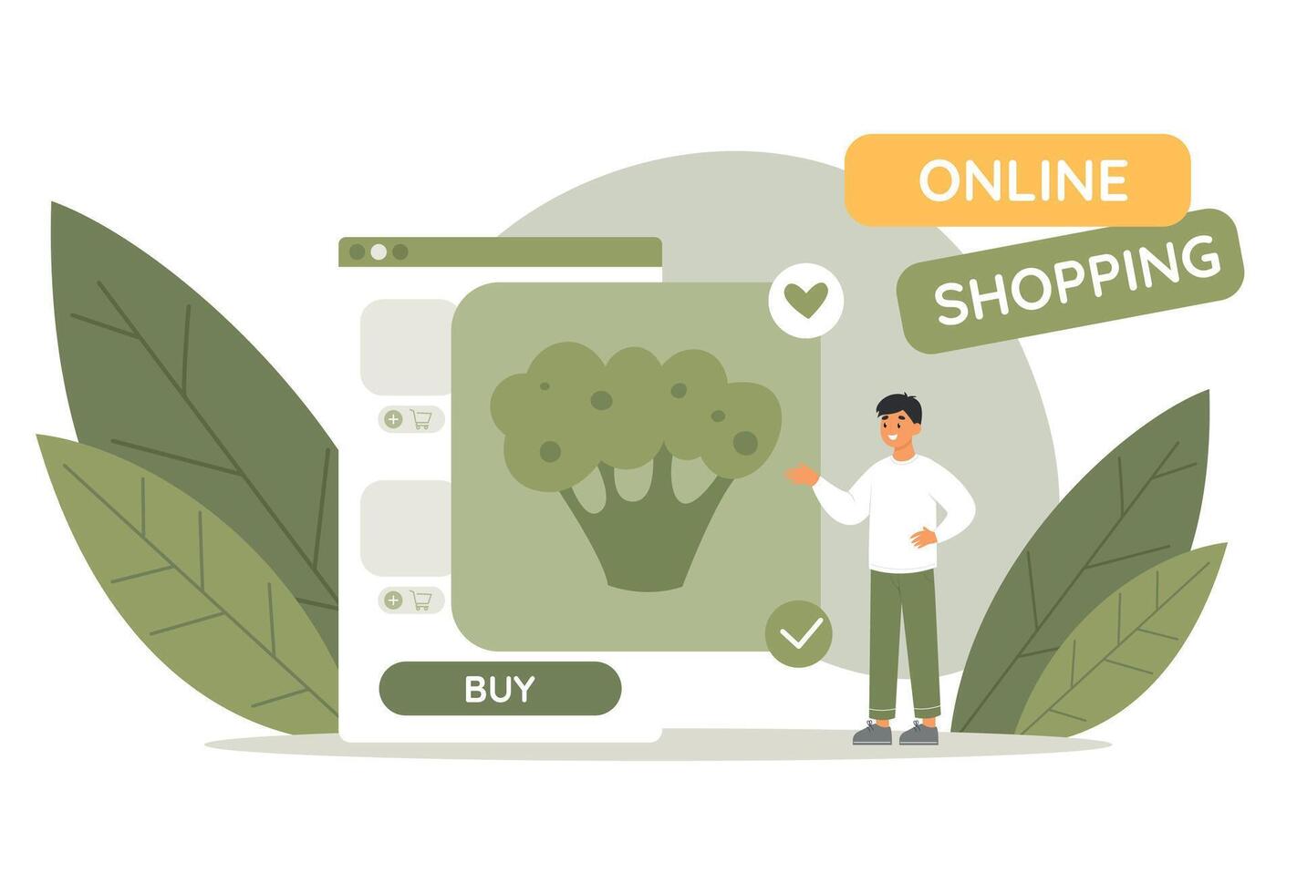 Online order concept. Man buying broccoli from online shop. Grocery ordering on phone application. Vector illustration