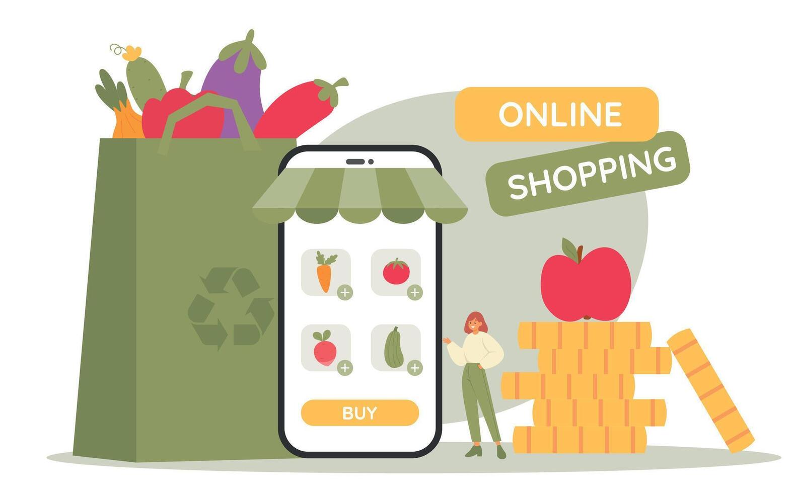 Woman online shopping, buy fresh vegetables. App on phone screen. E-commerce. Online shop. Flat vector illustration