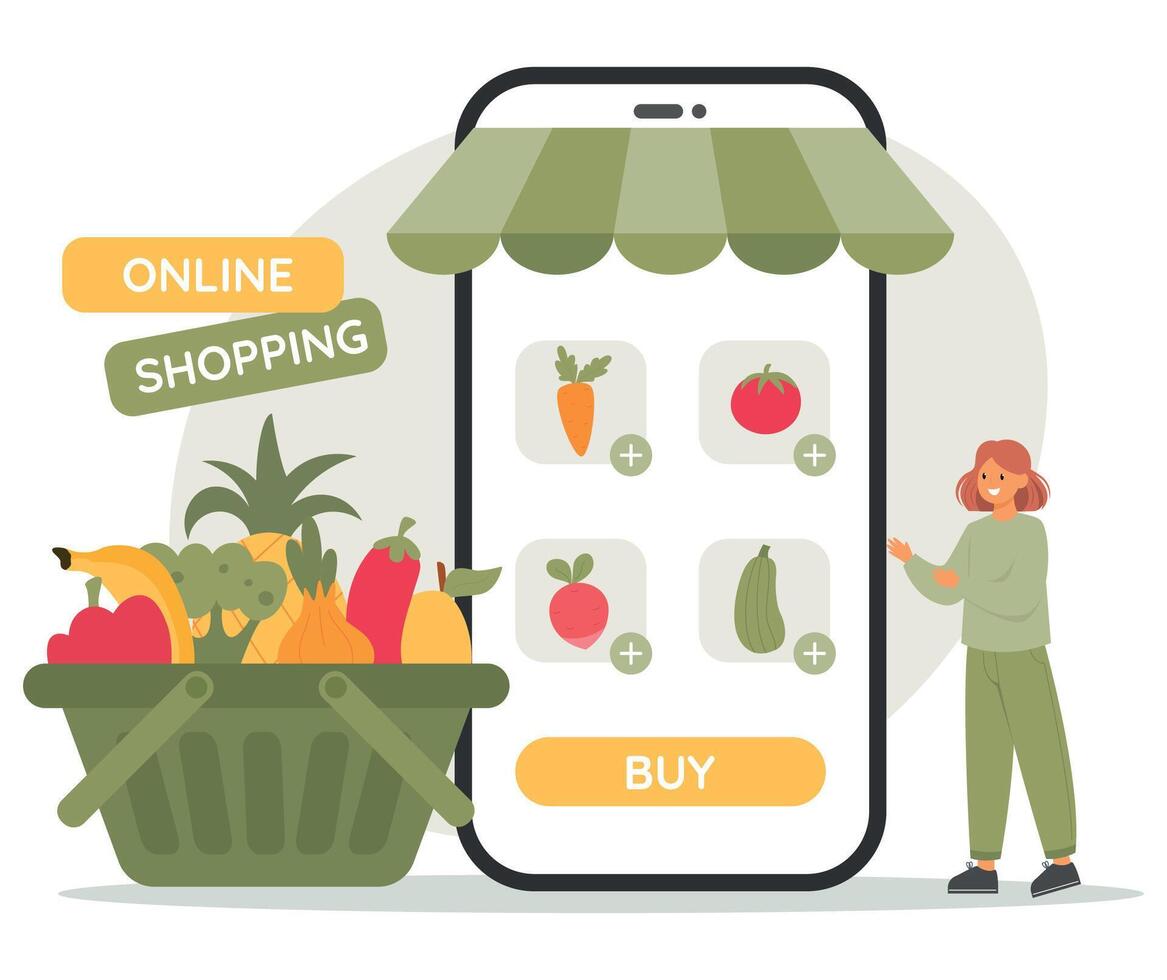 Woman chooses healthy food on mobile application, with huge shopping cart full of vegetables. Online shopping concept. vector