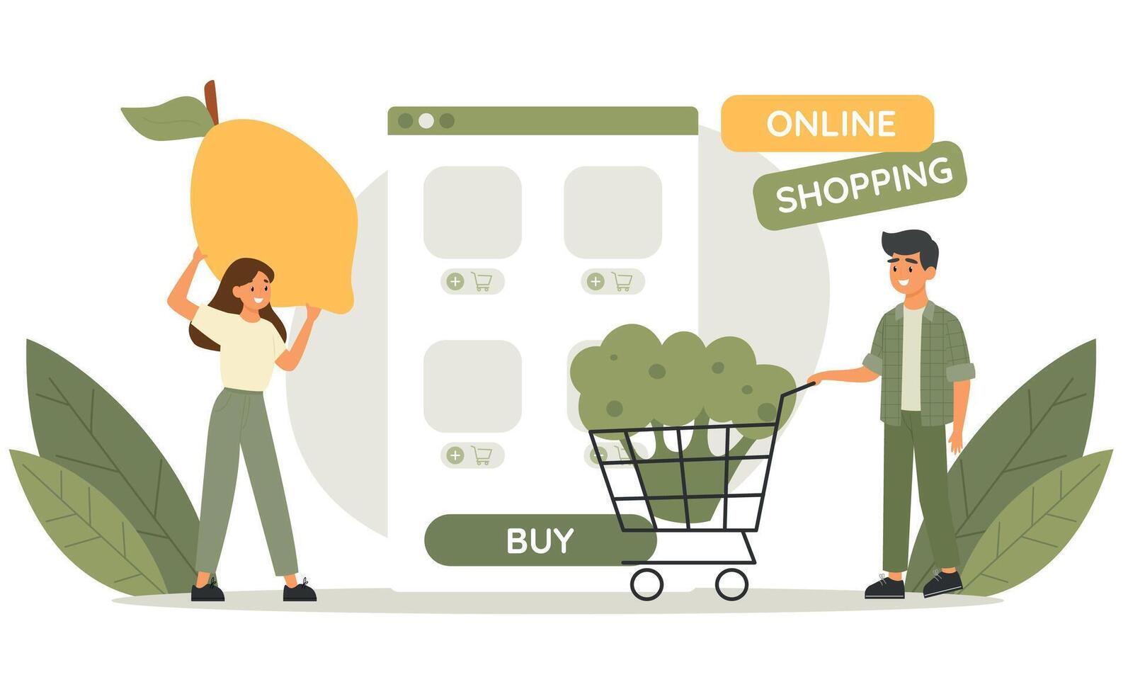 Man and woman online shopping. App on website screen. E-commerce. Online shop. Flat vector illustration