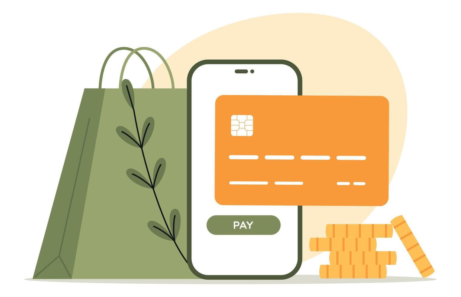 Cashless online payment via debit card. Save money concept.  Online shopping. Vector illustration.