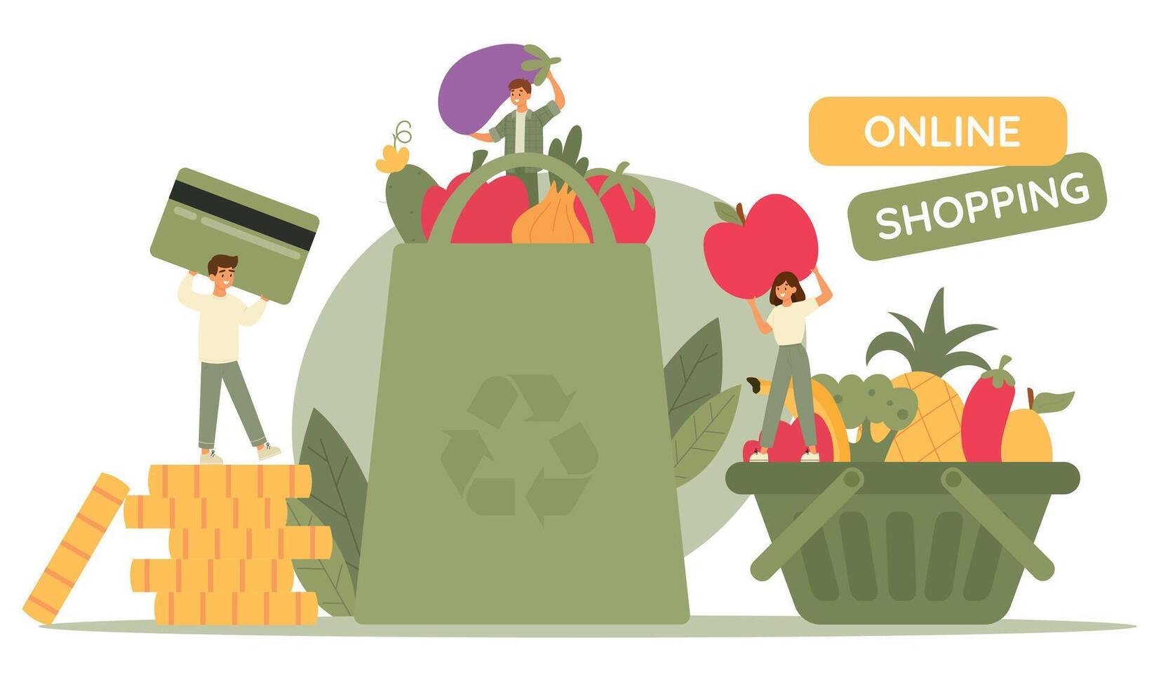 Online shopping concept. Characters buy fresh vegetables. Recycle bag full of food vector