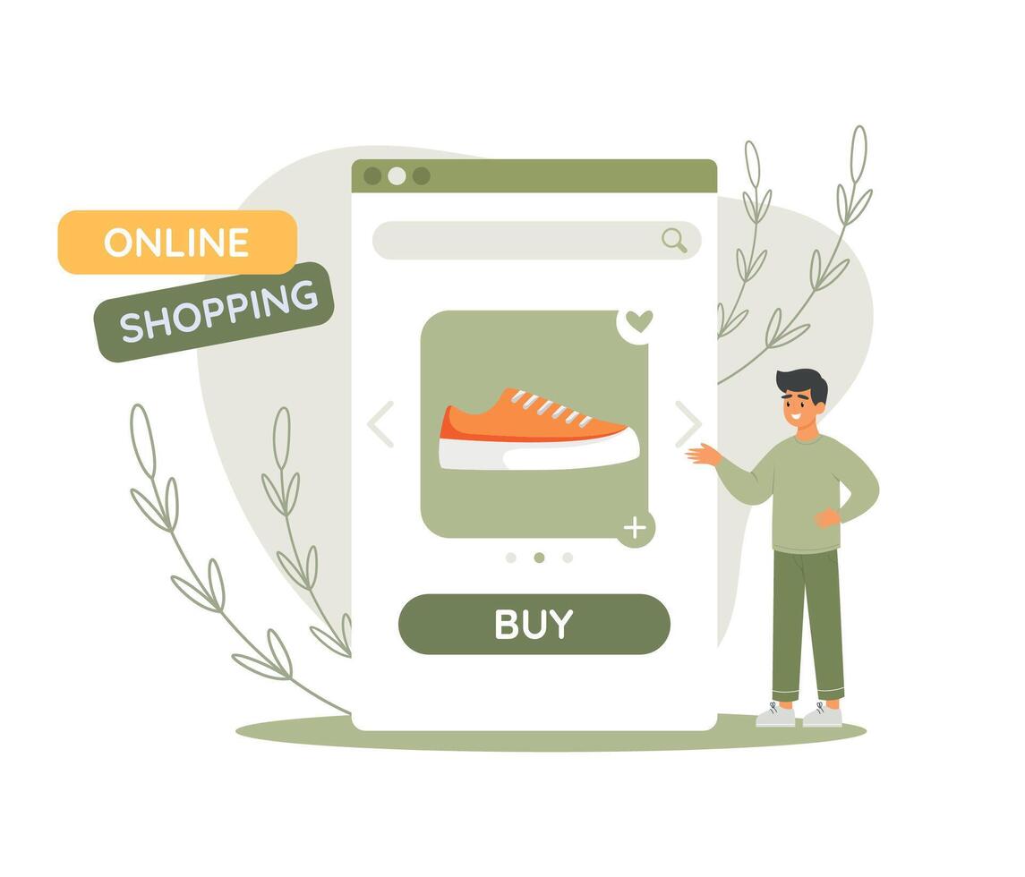 Man character choosing sneakers from online shop. Online shopping concept. Vector illustration in flat style