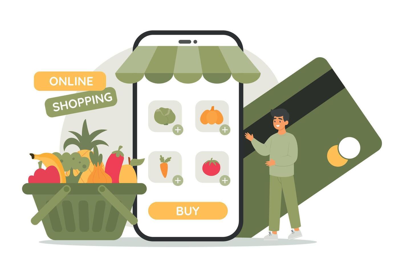 hombre en línea compras, elige sano alimento, en pie cerca enorme pantalla con móvil solicitud para en línea compras. grande banco tarjeta en antecedentes vector