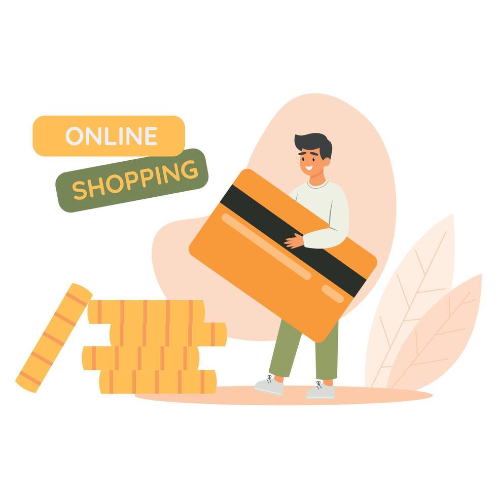 Online shopping concept. Cashless payments. Man carrying huge bank card. Flat vector illustration