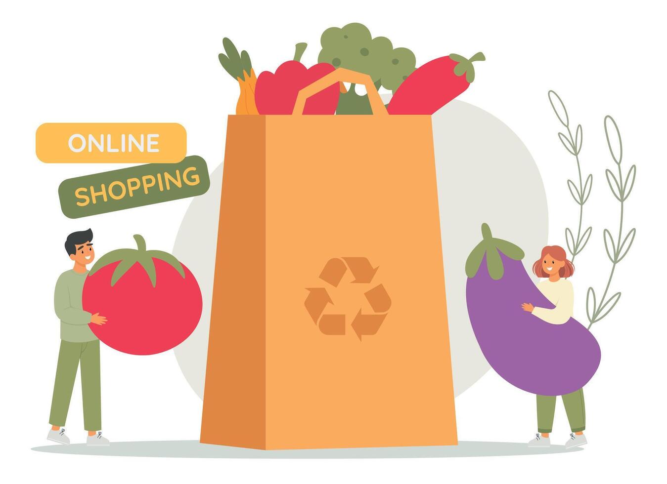 Man and woman put vegetables in huge paper shopping bag. Eco concept. Vector illustration in flat style