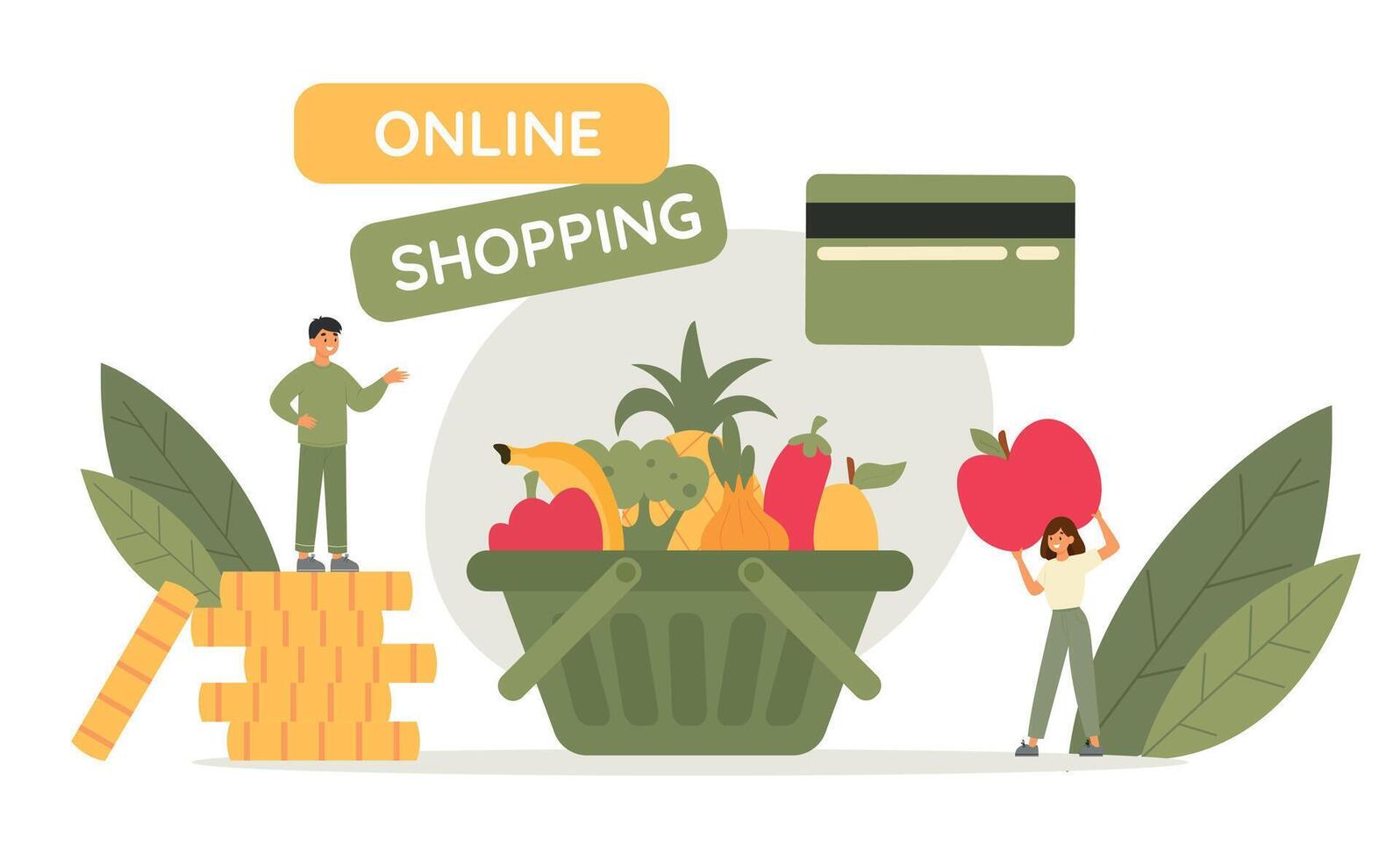 Online shopping concept. Characters order vegetables from store, put apple in shopping basket vector