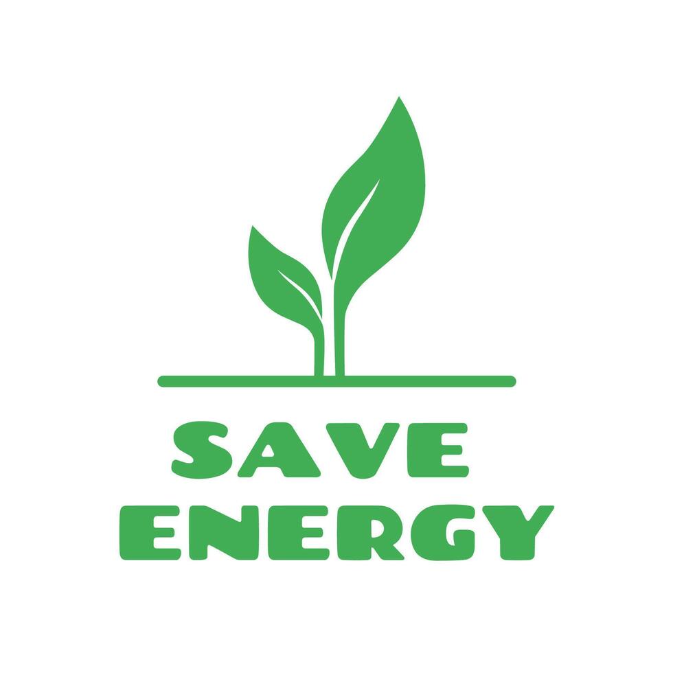 Save energy icon with green leaves. Vector illustration