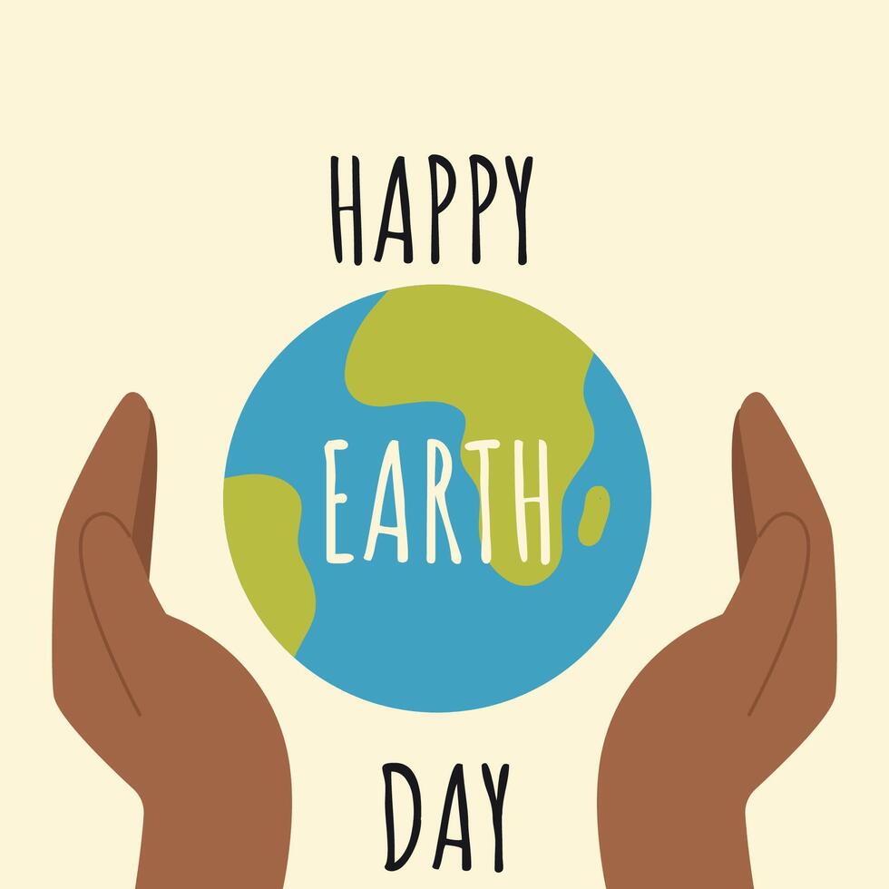 Modern card with green world earth day between hands. World environment day. Nature conservation concept.  Vector illustration