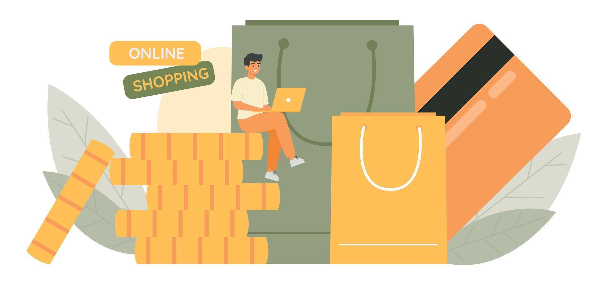 Order online concept. Man making order using laptop. Cashless payments vector