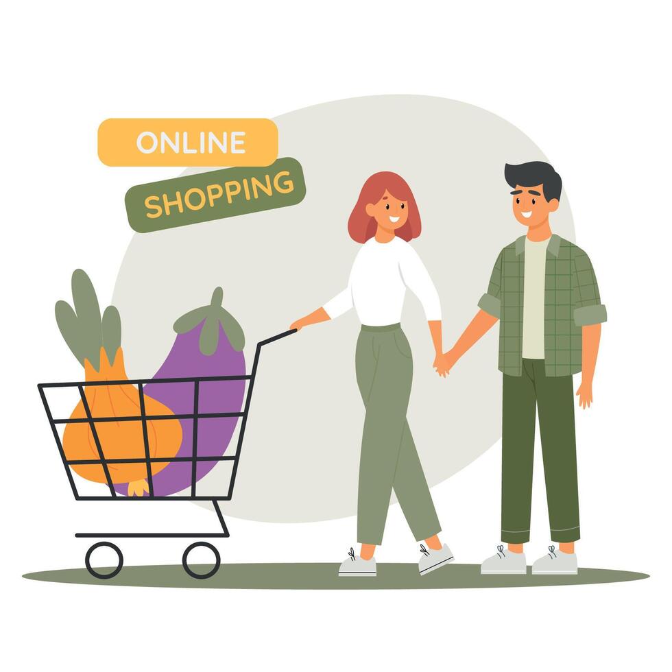 Family buy fresh vegetables. Man and woman with full shopping trolley. Vector