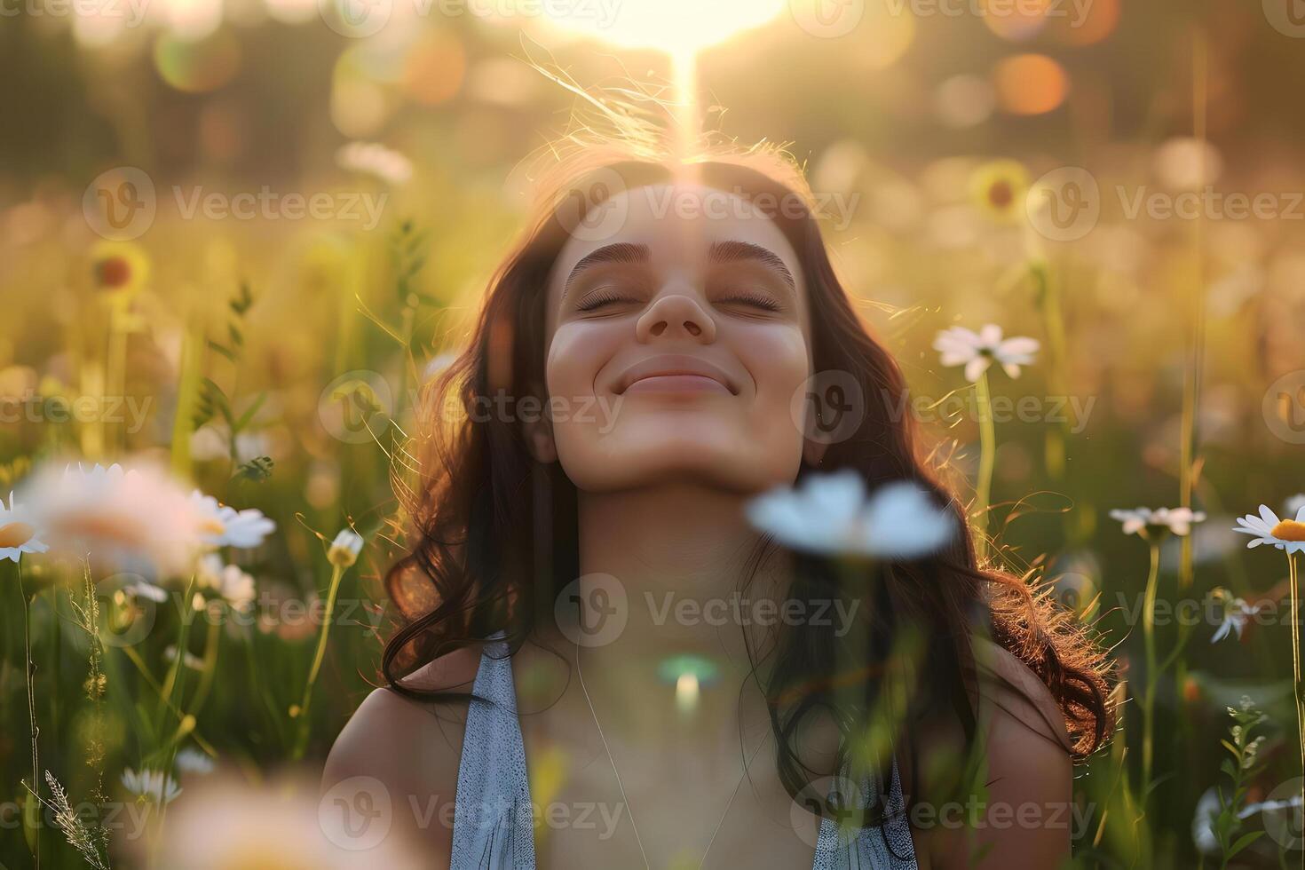 AI generated Woman Smiling in Daisy Field photo
