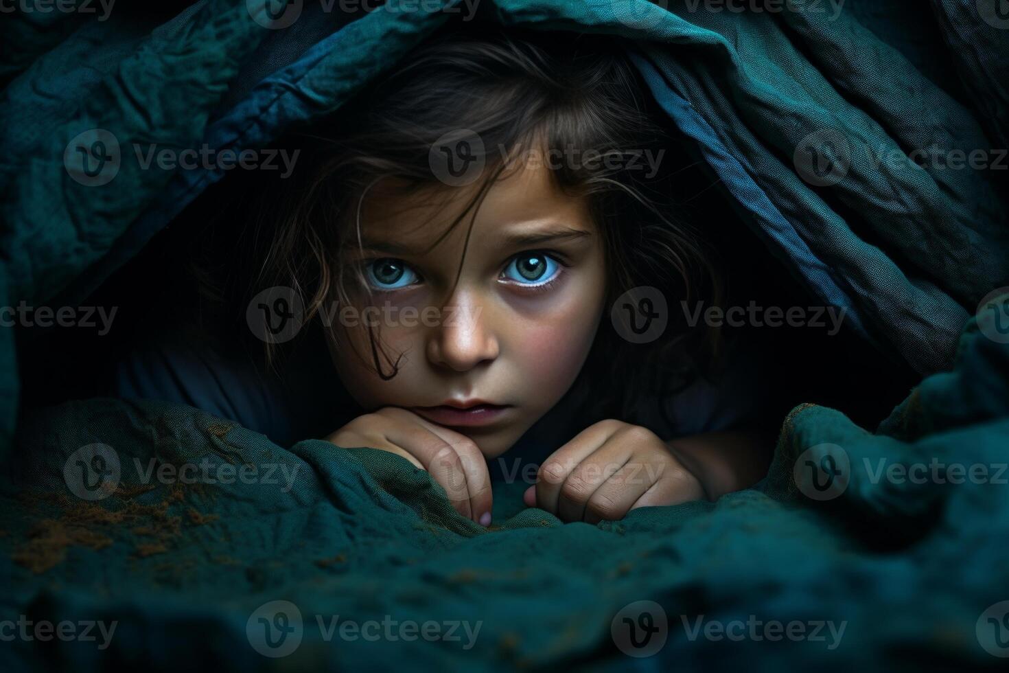 AI generated Child hiding under blanket, scared, seeking comfort and safety, concept of fear and protection photo