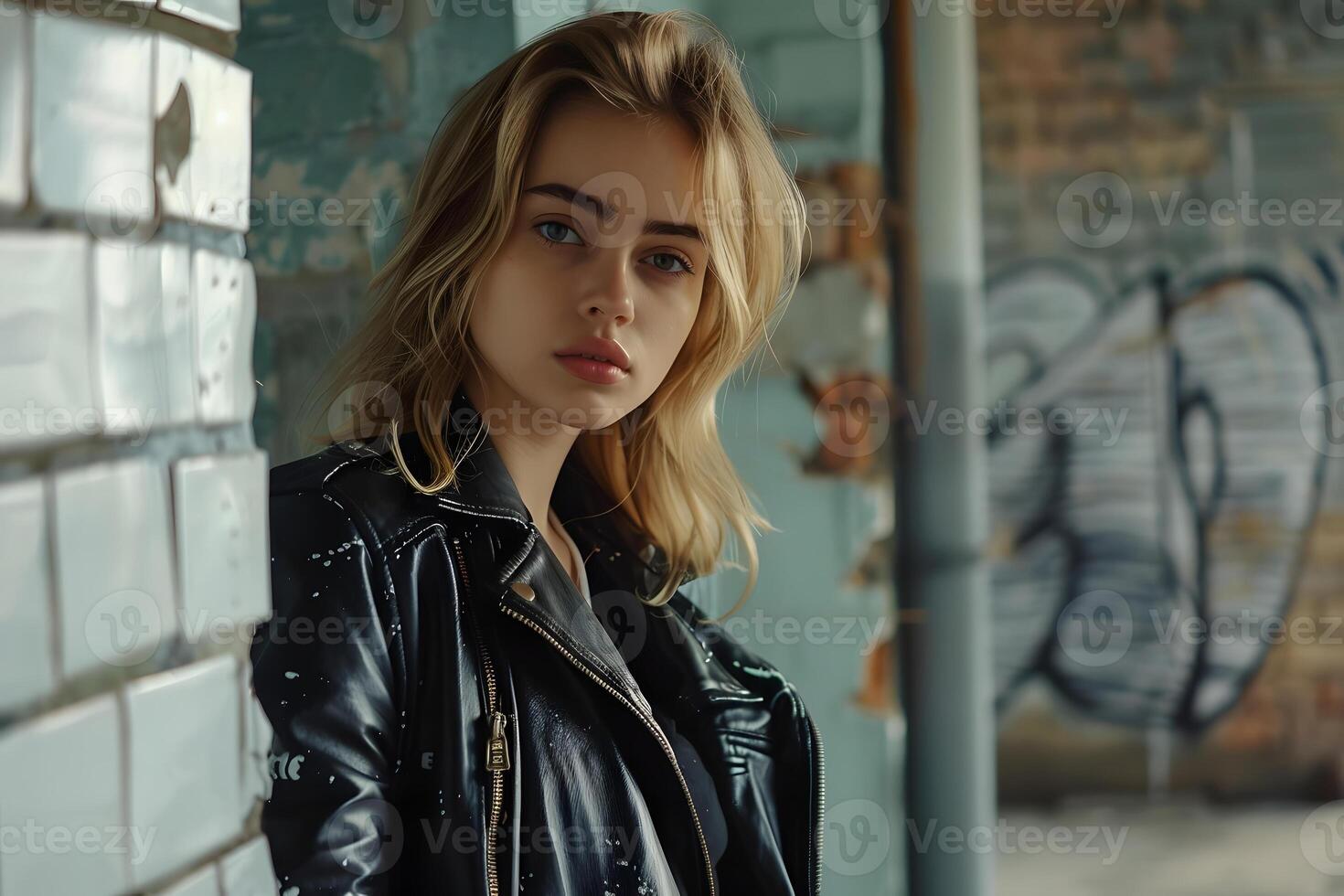 AI generated Woman in Black Leather Jacket Leaning Against Wall photo