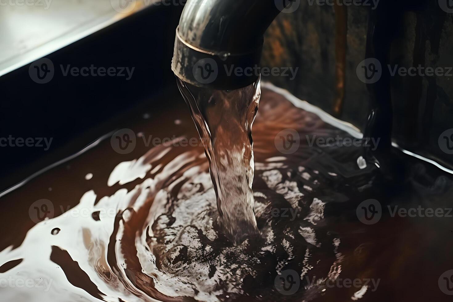 AI generated Dirty rusty water flowing from old faucet into a stained sink photo
