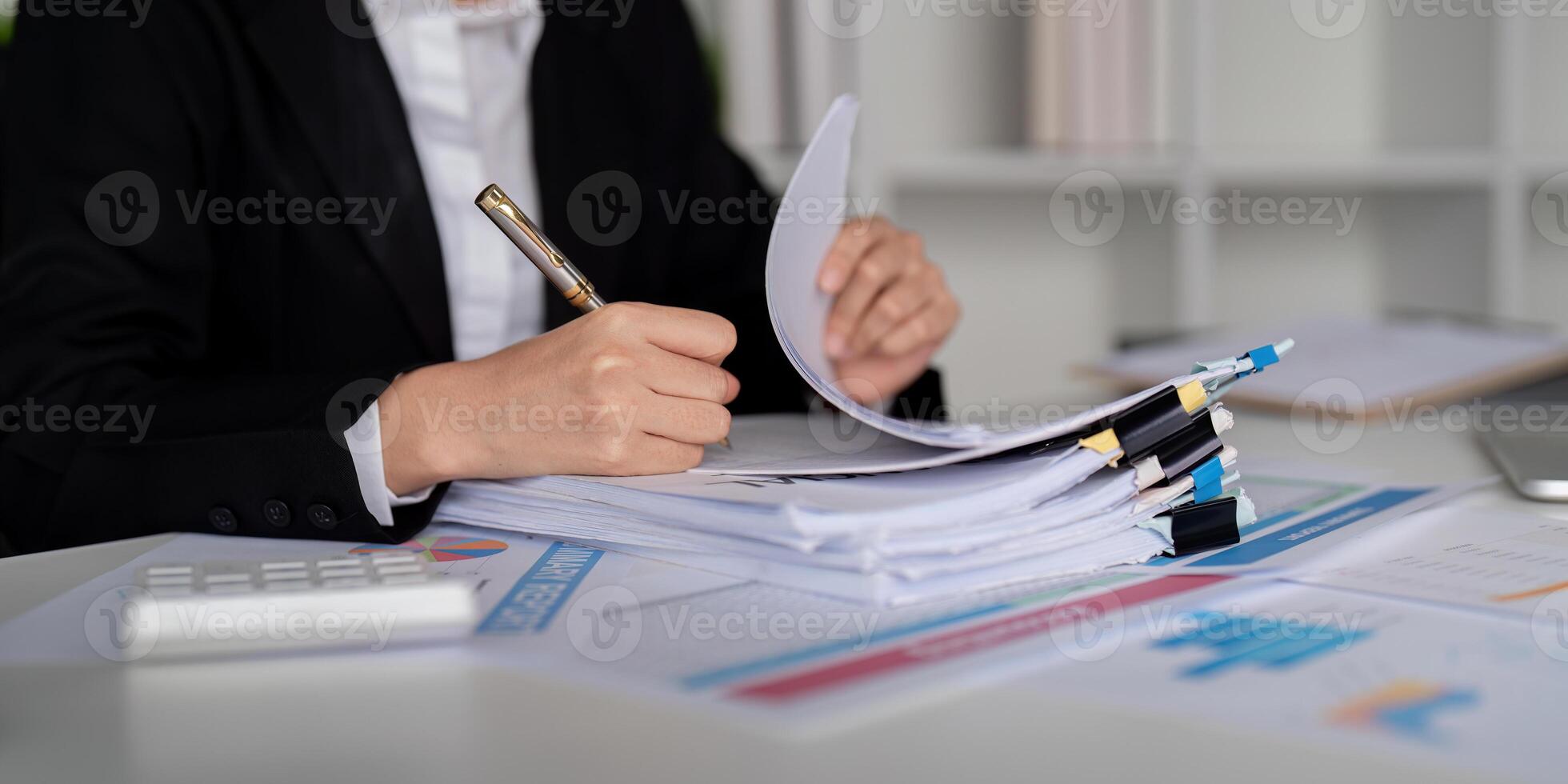 Documents, Business woman and accountant reading report for information, financial data or analysis. Paperwork, auditor check, review and bookkeeping, Calculate finance and tax in office photo