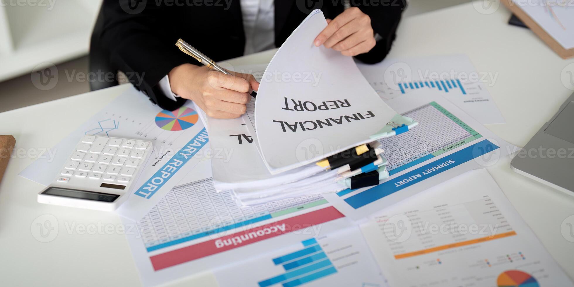 Documents, Business woman and accountant reading report for information, financial data or analysis. Paperwork, auditor check, review and bookkeeping, Calculate finance and tax in office photo