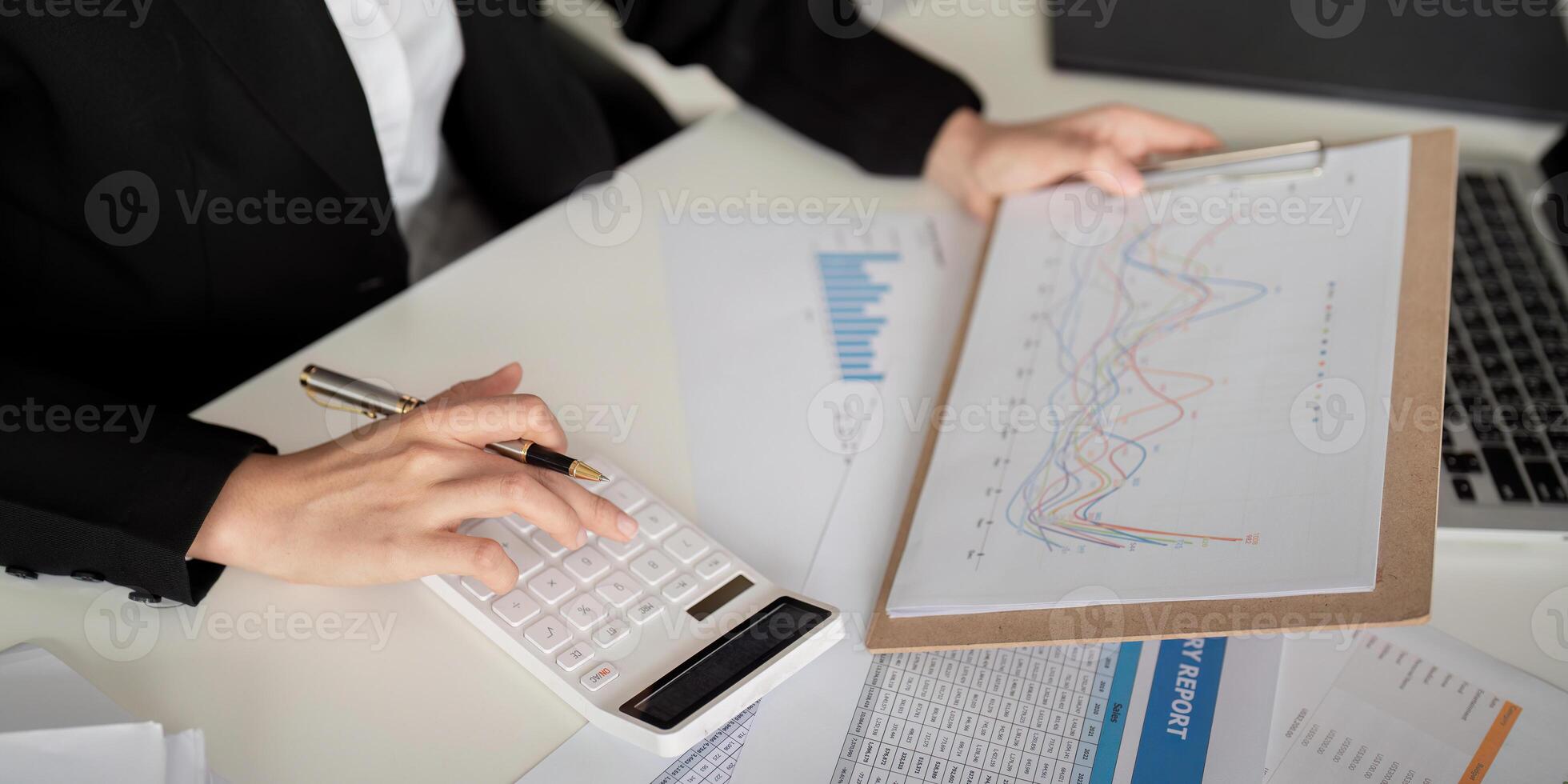 Documents, Business woman and accountant reading report for information, financial data or analysis. Paperwork, auditor check, review and bookkeeping, Calculate finance and tax in office photo