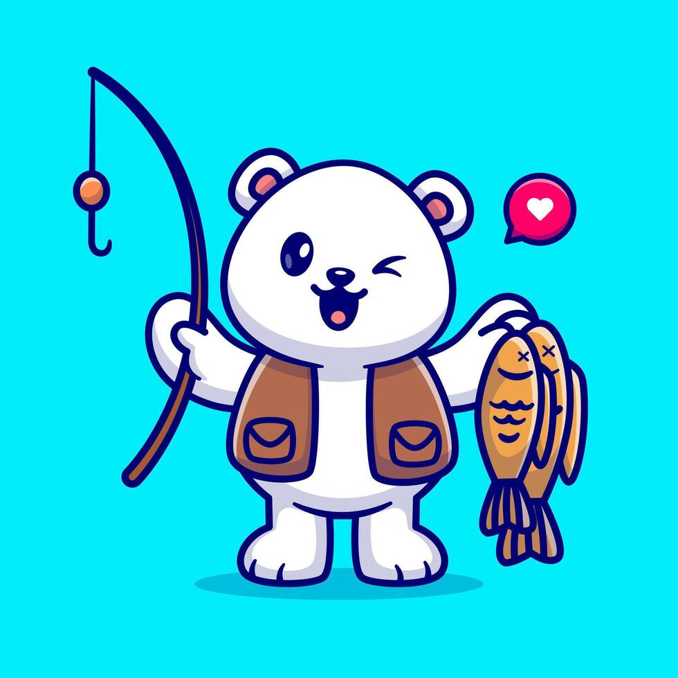 Cute Polar Bear Fishing With Fishing Rod And Fish Cartoon Vector Icon Illustration. Animal Nature Icon Concept Isolated Premium Vector. Flat Cartoon Style