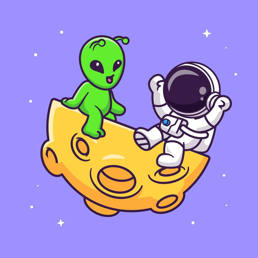 Cute Astronaut Playing With Alien On Moon Cartoon Vector Icon Illustration. Science Technology Icon Concept Isolated Premium Vector. Flat Cartoon Style