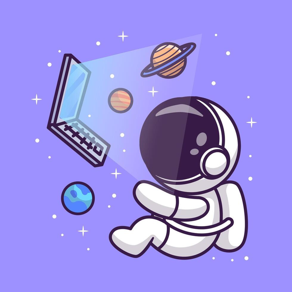 Cute Astronaut Floating With Laptop And Planet On Space Cartoon Vector Icon Illustration. Science Technology Icon Concept Isolated Premium Vector. Flat Cartoon Style