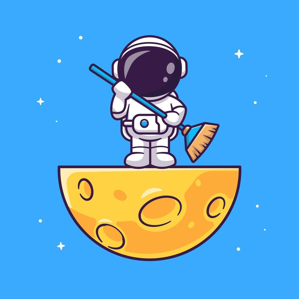 Cute Asronaut Holding Broom On The Moon Cartoon Vector Icon Illustration. Science Technology Icon Concept Isolated Premium Vector. Flat Cartoon Style