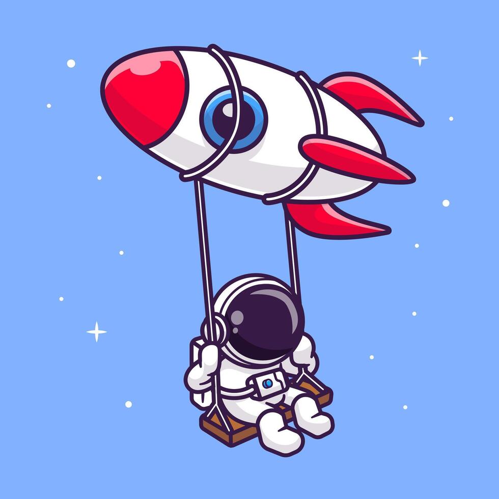 Cute Astronaut Swing On Rocket Cartoon Vector Icon Illustration. Science Technology Icon Concept Isolated Premium Vector. Flat Cartoon Style